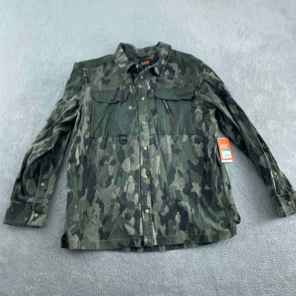 NEW Bass Outdoor Mens Stretch Worker Shirt In Beluga Pattern Size L NWT 5628